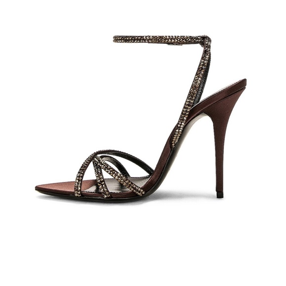 Saint Laurent Brown Stiletto Sandals with Crystal Embellishments - Picture 3 of 4
